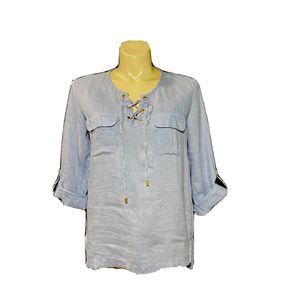 Ellen Tracy 100% Linen Tunic Company Dusty Blue Gold Lace Up High Low Shirt NICE